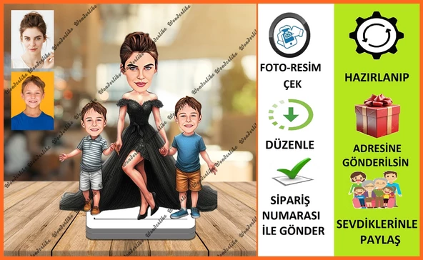 Anne Ve Oğulları Karikatür Biblo,Sevgiliye Hediye,Doğum Günü Hed