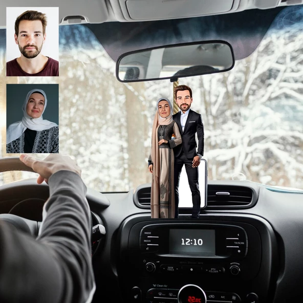 Tesettürlü Kadın ve Eşi Tasarımlı Ahşap Araba Dikiz Ayna Süsü - 1