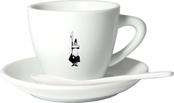 - Cappuccino Kahve Fincanı ve Tabağı - 240mL - Bialetti İkonik Bıyıklı Adam Desenli - Porselen