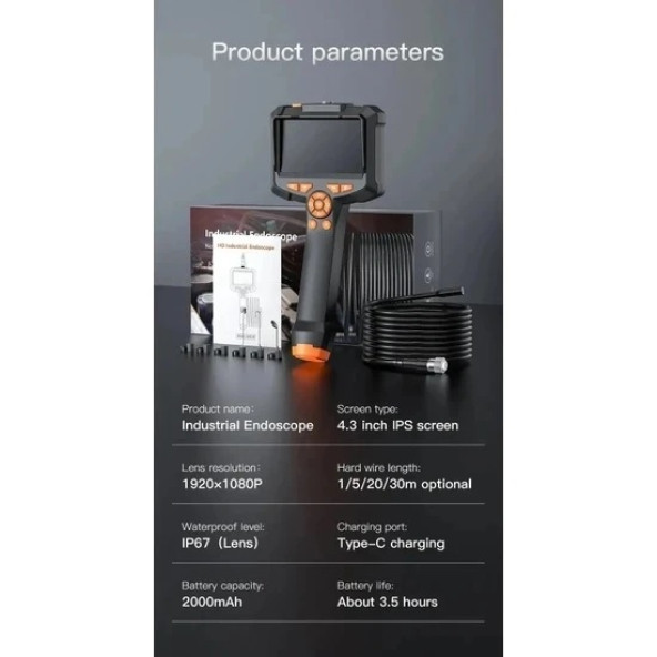 Endüstriyel Endoskop 10 Metre Yılan Kamera 4.3 Inç IPS Ekran IP67 Su Geçirmez Kamera HD1080P 8mm Lens (Araba- Boru Kanalizasyon Inceleme Kamerası) - 5