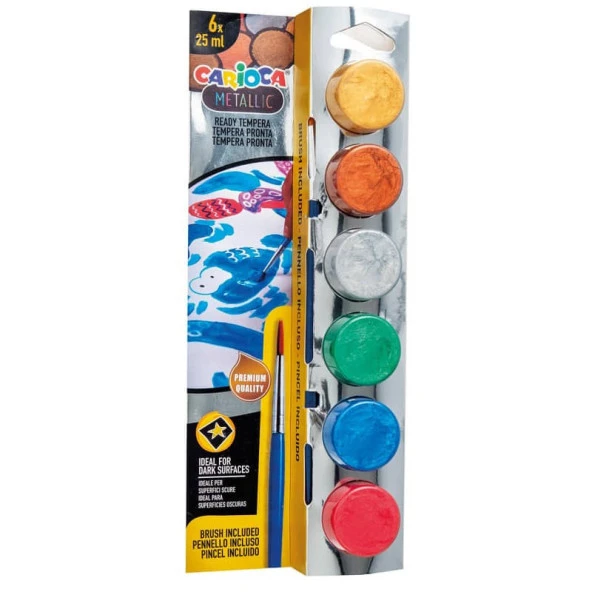 Carioca Tempera Yıkanabilir Poster Boya 25 ml x 6 Metalik Renk Fırçalı Set
