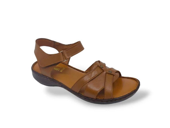 Zerhan 413 Kadın Taba Hakiki Deri Cırtlı Sandalet Ayakkabı - Resim 4