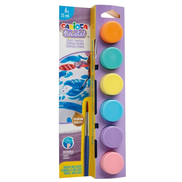 Carioca Tempera Yıkanabilir Poster Boya 25 ml x 6 Pastel Renk Fırçalı Set