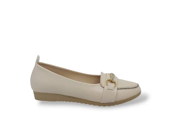 Zerhan 3059 Kadın Krem Tokalı Pırıltılı Babet Ayakkabı ürün görseli