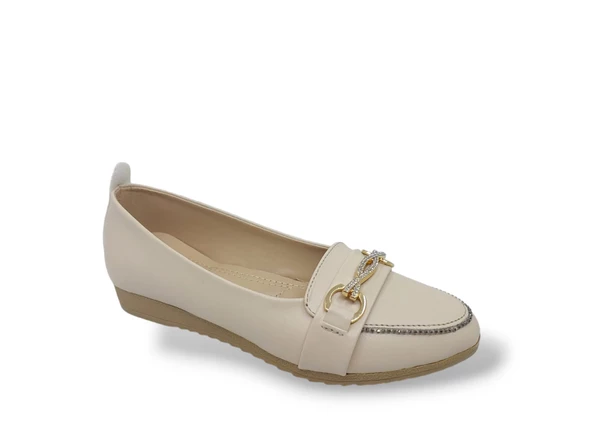 Zerhan 3059 Kadın Krem Tokalı Pırıltılı Babet Ayakkabı - Resim 4
