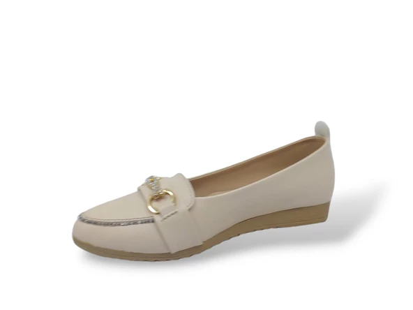 Zerhan 3059 Kadın Krem Tokalı Pırıltılı Babet Ayakkabı - Resim 3