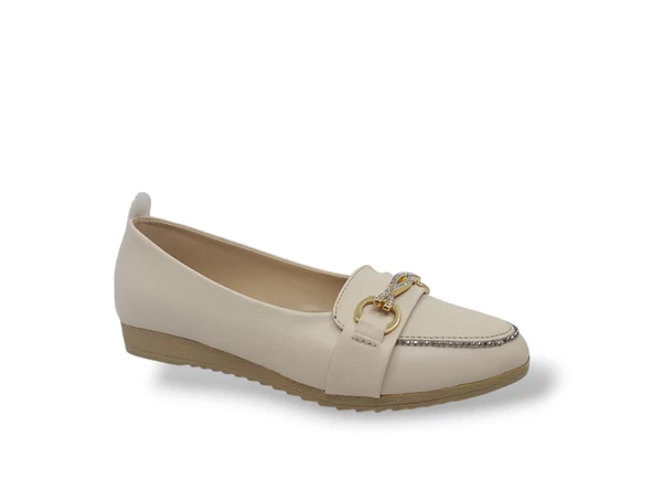 Zerhan 3059 Kadın Krem Tokalı Pırıltılı Babet Ayakkabı - Resim 2