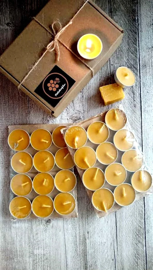 (24 Adet) Tealight Doğal Petek Balmumu Mum Ekonomik Boy (8Gr) Beeswax Candle