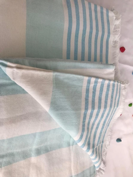 NİVEMESHOME TURKUAZ-BEYAZ ÇİZGİLİ PÜSKÜLLÜ PLAJ HAVLUSU - 2