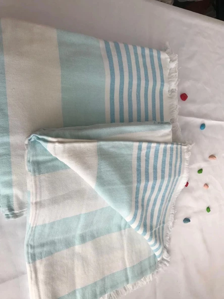 NİVEMESHOME TURKUAZ-BEYAZ ÇİZGİLİ PÜSKÜLLÜ PLAJ HAVLUSU - 9