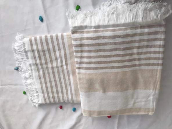 NİVEMESHOME KAHVE-BEYAZ ÇİZGİLİ PÜSKÜLLÜ PLAJ HAVLUSU - 8