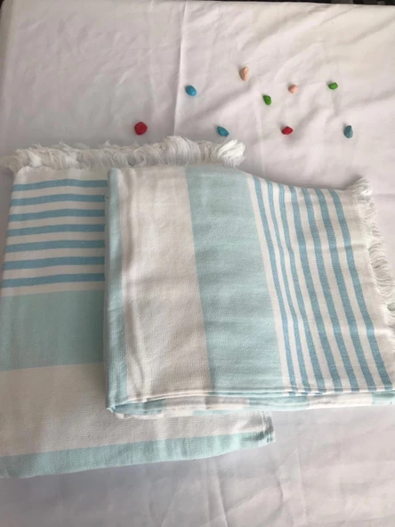 NİVEMESHOME TURKUAZ-BEYAZ ÇİZGİLİ PÜSKÜLLÜ PLAJ HAVLUSU - 3