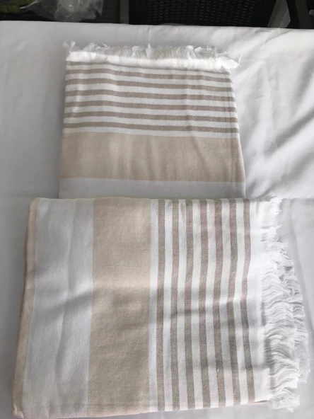 NİVEMESHOME KAHVE-BEYAZ ÇİZGİLİ PÜSKÜLLÜ PLAJ HAVLUSU - 9