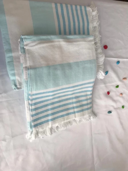 NİVEMESHOME TURKUAZ-BEYAZ ÇİZGİLİ PÜSKÜLLÜ PLAJ HAVLUSU - 4