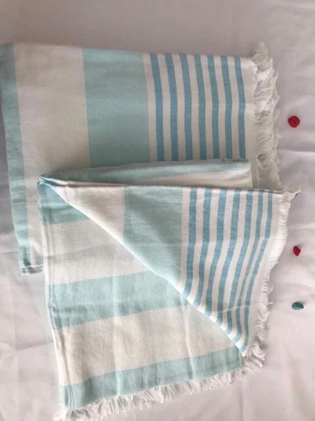 NİVEMESHOME TURKUAZ-BEYAZ ÇİZGİLİ PÜSKÜLLÜ PLAJ HAVLUSU - 11