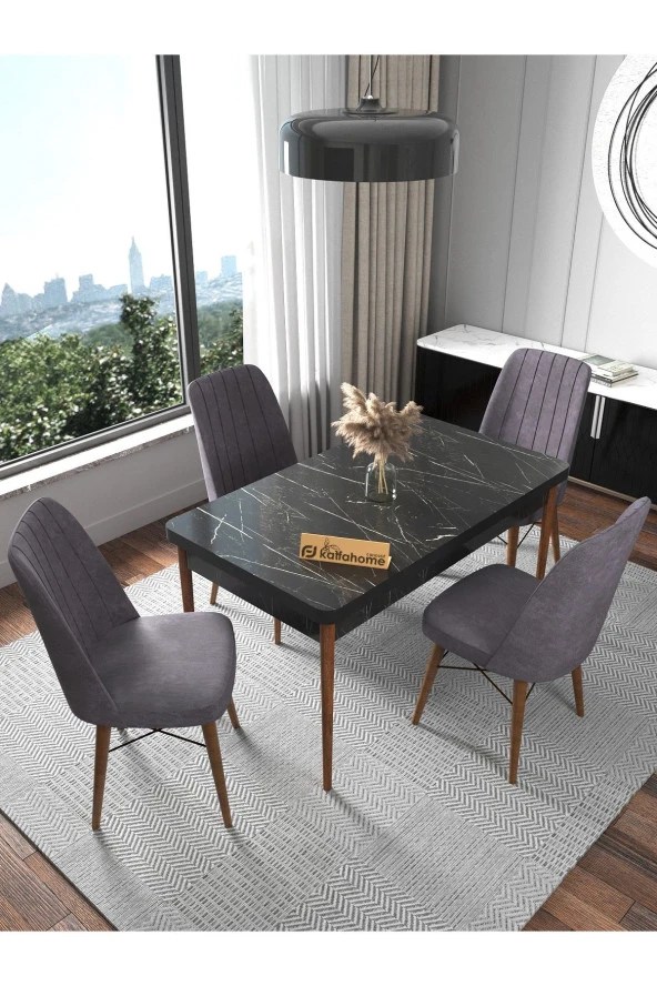 Fixed Siyah 70x110 Sabit Mutfak Masası Yemek Masası Masa Sandalye Takımı 4 Gri Sandalye - 1