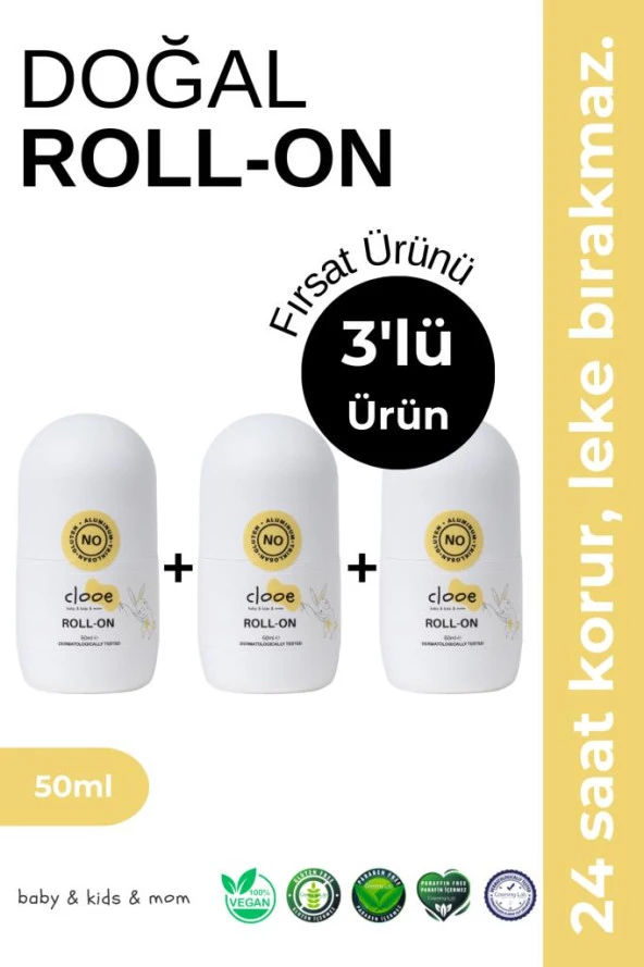 3'lü Fırsat Paketi - Clooe Doğal Roll On Unisex Ter Kokusu Önleyici (50ml)