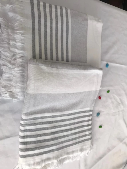 NİVEMESHOME KURŞUN-BEYAZ ÇİZGİLİ PÜSKÜLLÜ PLAJ HAVLUSU - 9