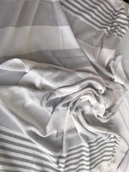 NİVEMESHOME KURŞUN-BEYAZ ÇİZGİLİ PÜSKÜLLÜ PLAJ HAVLUSU - 6