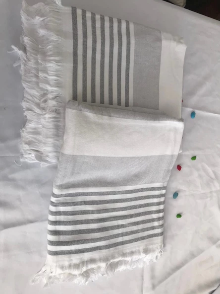 NİVEMESHOME KURŞUN-BEYAZ ÇİZGİLİ PÜSKÜLLÜ PLAJ HAVLUSU - 4