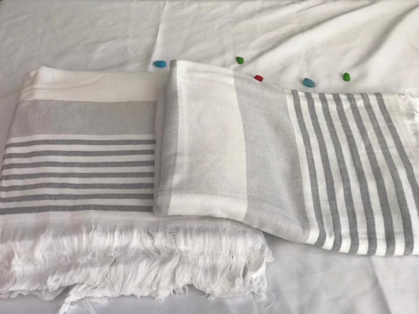 NİVEMESHOME KURŞUN-BEYAZ ÇİZGİLİ PÜSKÜLLÜ PLAJ HAVLUSU - 2