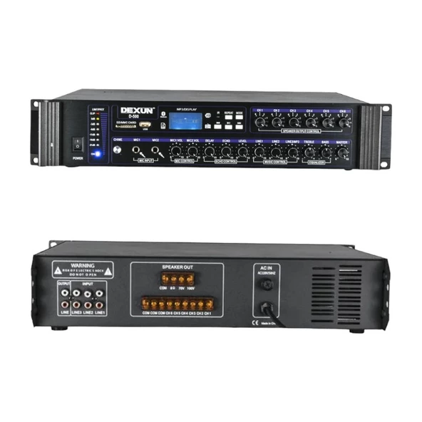 DEXUN D-500 350-700 W 100V/70V/4-16 OHM USB/SD/BT 6 BÖLGELİ 2 MİK 3 AUX GİRİŞLİ TRAFOLU MIXER ANFİ ürün görseli 1