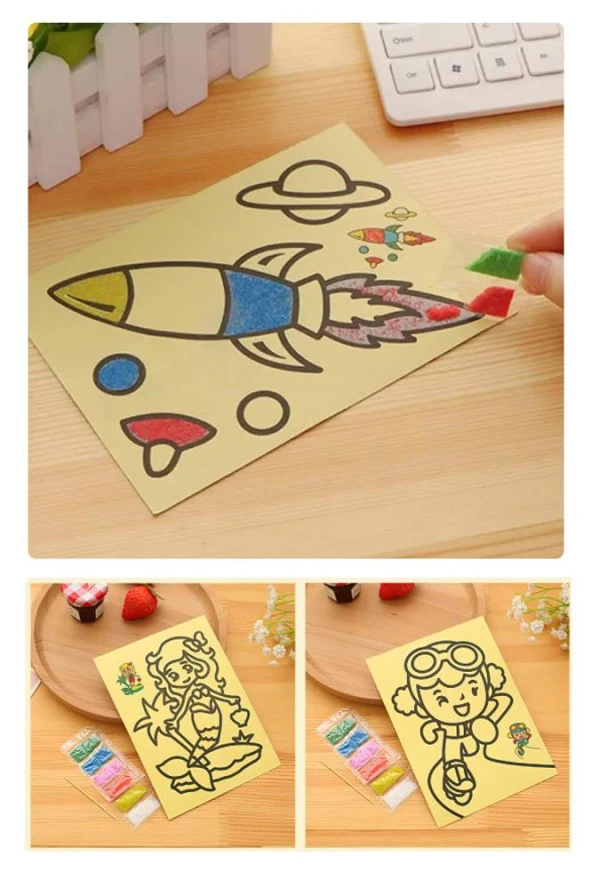 Kum Boyama Seti 50 Adet 20x30 cm A4 Boyutunda Büyük Boy Kaliteli Kum Boyama Çalışması Tuz Boyama Etkinlik - 5