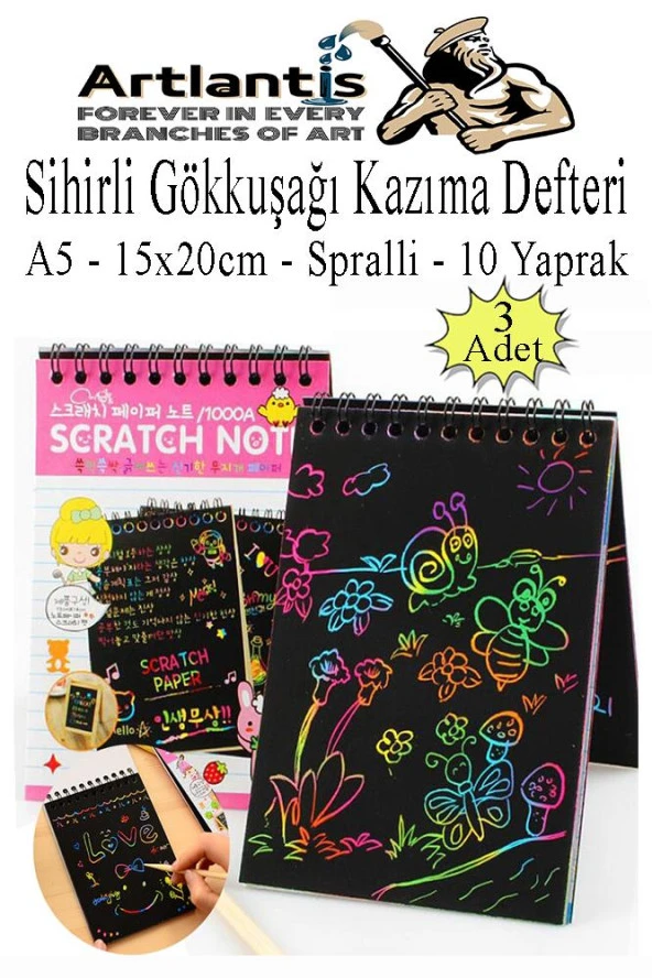 Sihirli Gökkuşağı Kazıma Defteri A5 15x20 cm 3 Paket 10 Sayfa Scratch Note Spralli Siyah Sihirli Resim Defteri