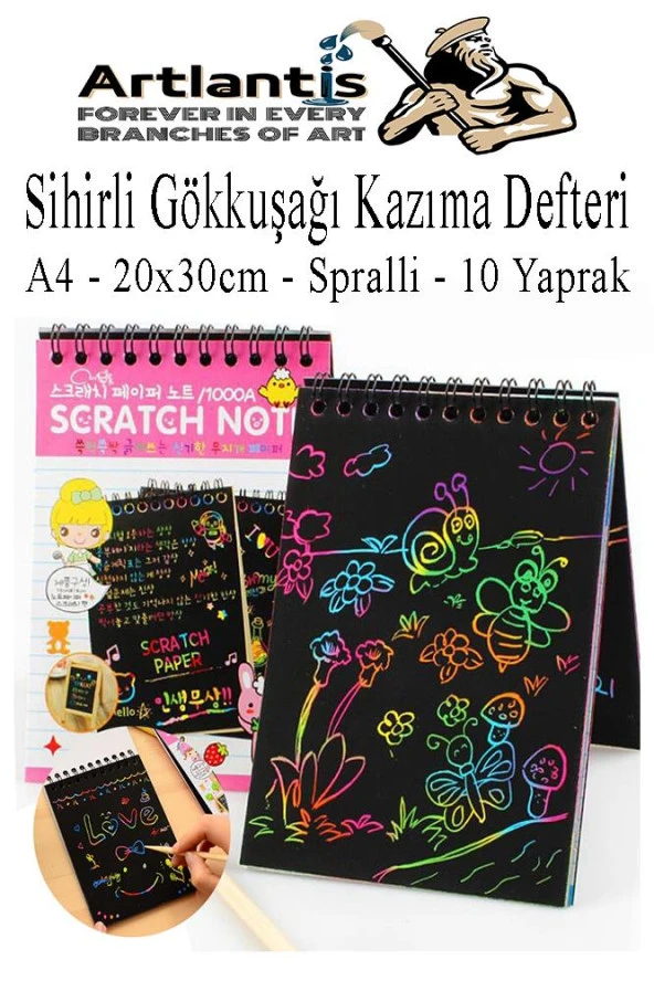 Sihirli Gökkuşağı Kazıma Defteri A4 20x30 cm 1 Paket 10 Sayfa Scratch Note Spralli Siyah Sihirli Resim Defteri