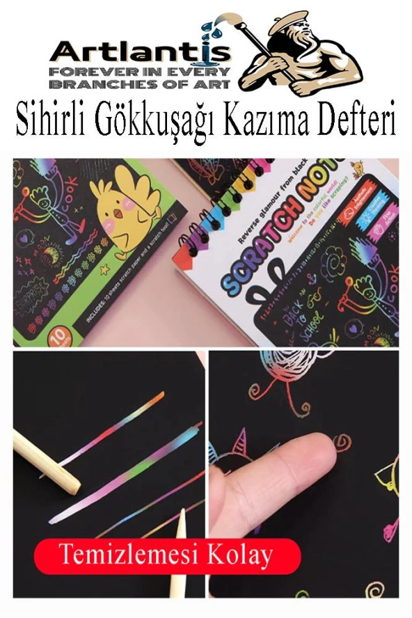 Sihirli Gökkuşağı Kazıma Defteri A4 20x30 cm 1 Paket 10 Sayfa Scratch Note Spralli Siyah Sihirli Resim Defteri - 2