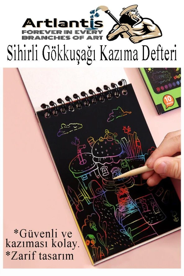Sihirli Gökkuşağı Kazıma Defteri A4 20x30 cm 1 Paket 10 Sayfa Scratch Note Spralli Siyah Sihirli Resim Defteri - 3