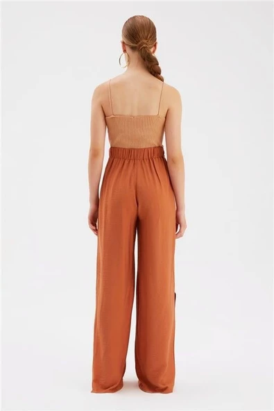 Yırtmaçlı keten pantolon - taba renk - 5