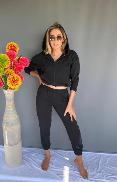 Eşofman Takımı Üst Fermuarlı Alt Paça Ve Kemer Lastikli Siyah Renk - 7