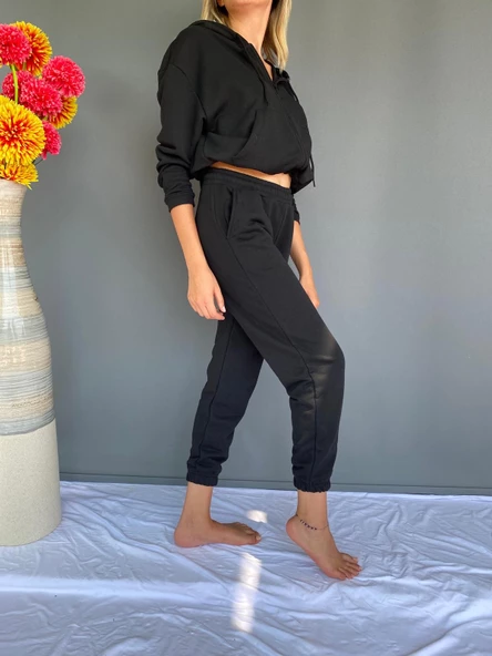 Eşofman Takımı Üst Fermuarlı Alt Paça Ve Kemer Lastikli Siyah Renk - 4