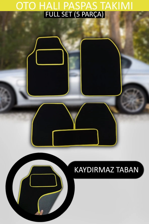 Kaydırmaz Tabanlı, Yumoş Yüzeyli, Universal Halı Paspas, Her Araca Uyumlu Siyah, Kenar Renk Sarı ürün görseli
