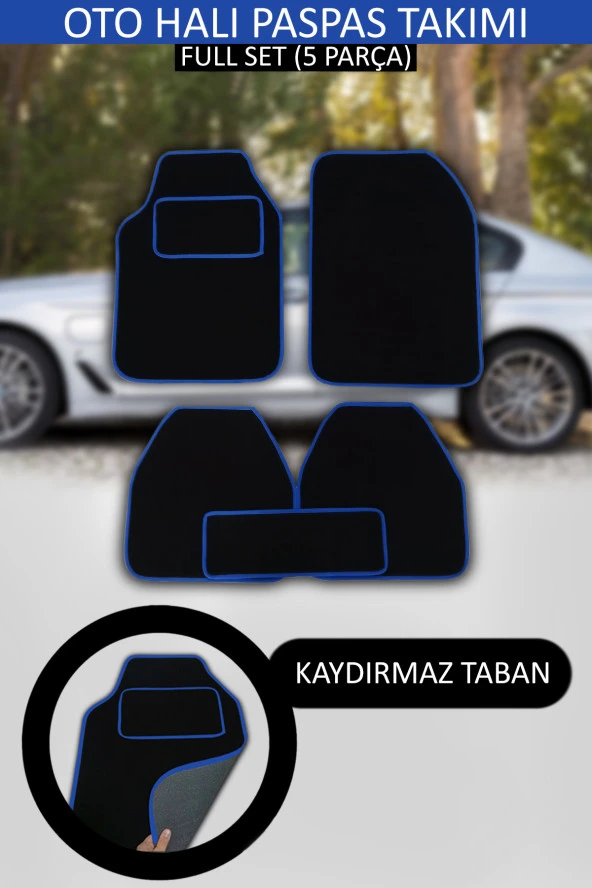 Kaydırmaz Tabanlı, Yumoş Yüzeyli, Universal Halı Paspas, Her Araca Uyumlu Siyah, Kenar Renk Mavi ürün görseli