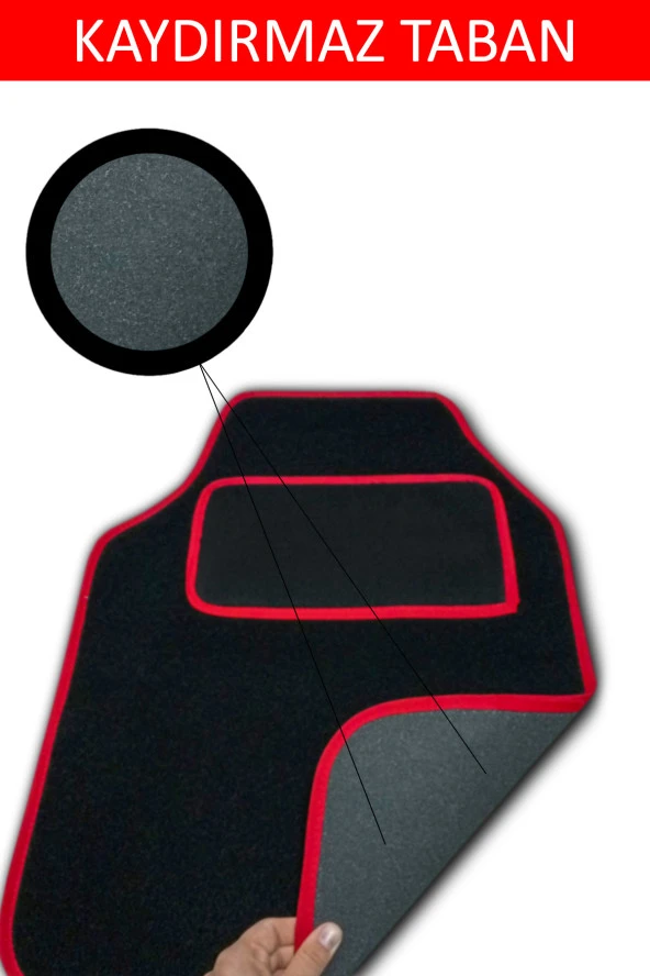 Kaydırmaz Tabanlı, Yumoş Yüzeyli, Universal Halı Paspas, Her Araca Uyumlu Siyah, Kenar Renk Kırmızı - Resim 2