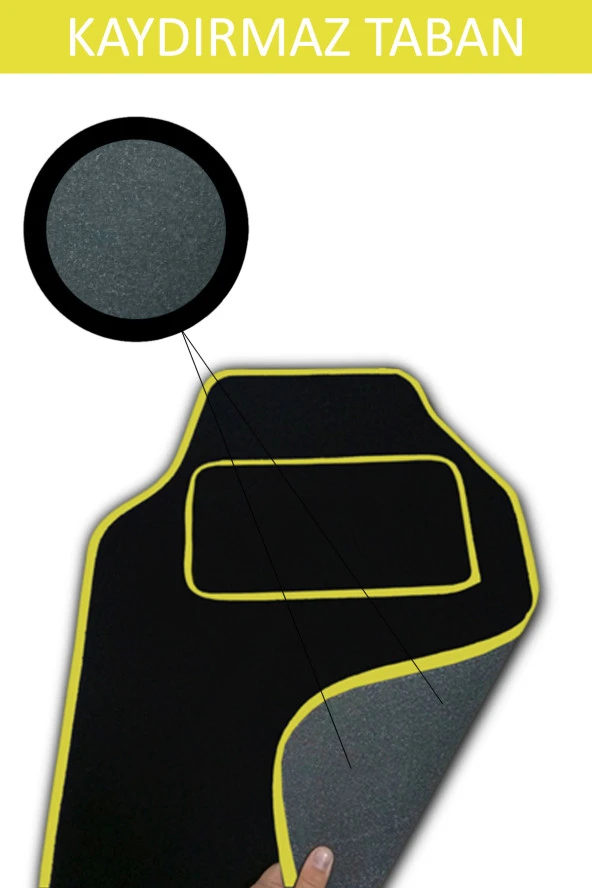 Kaydırmaz Tabanlı, Yumoş Yüzeyli, Universal Halı Paspas, Her Araca Uyumlu Siyah, Kenar Renk Sarı - Resim 2