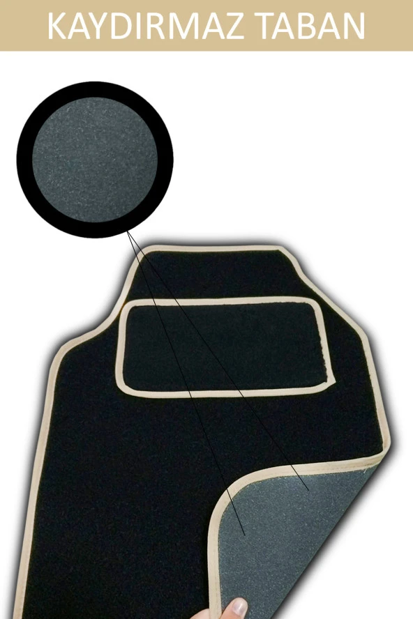 Kaydırmaz Tabanlı, Yumoş Yüzeyli, Universal Halı Paspas, Her Araca Uyumlu Siyah, Kenar Renk Krem - Resim 2