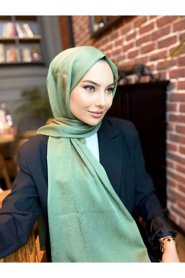 Ağaç Kabuğu Desen Italyan Ipek Şal (KÜF YEŞİLİ) ürün görseli