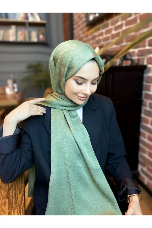 Ağaç Kabuğu Desen Italyan Ipek Şal (KÜF YEŞİLİ) - Resim 2