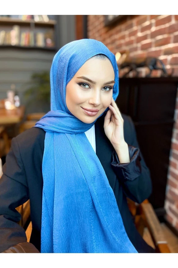 Ağaç Kabuğu Desen Italyan Ipek Şal (MAVİ) - Resim 2