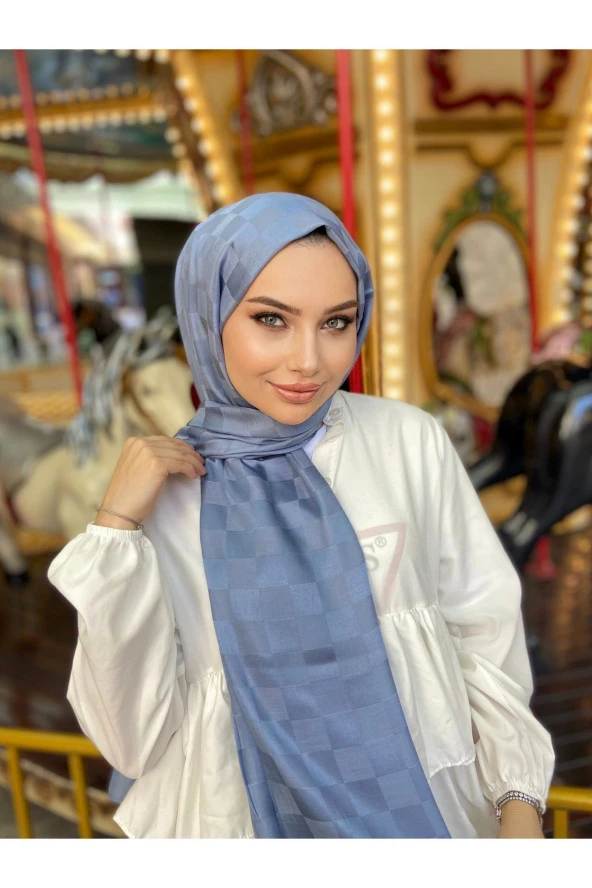 Dama Desen Gök Mavisi Pamuk Jakar Şal - Resim 2