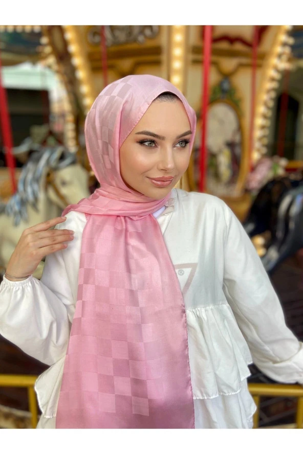 Dama Desen Şeker Pembe Pamuk Jakar Şal - Resim 3