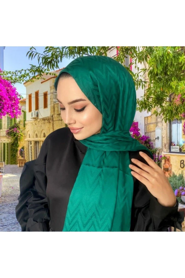 Zikzak Desen Zümrüt Pamuk Jakar Şal - Resim 4