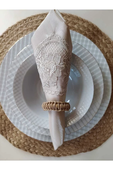 12'li Vintage Makrome Ahşap Halka Peçete Yüzüğü Peçetelik Peçete Halkası Hediyelik Çeyizlik - 5