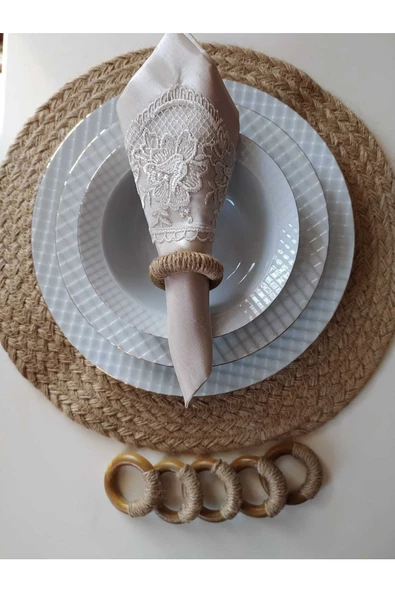 6'lı Vintage Hasır Ipli Ahşap Peçete Yüzüğü Peçetelik Peçete Halkası Hediyelik Çeyizlik - 6