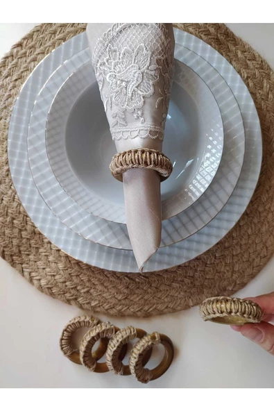 12'li Vintage Makrome Ahşap Halka Peçete Yüzüğü Peçetelik Peçete Halkası Hediyelik Çeyizlik - 2