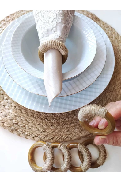 6'lı Vintage Hasır Ipli Ahşap Peçete Yüzüğü Peçetelik Peçete Halkası Hediyelik Çeyizlik - 4
