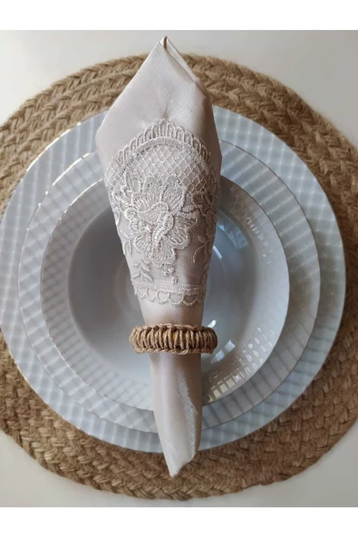 12'li Vintage Makrome Ahşap Halka Peçete Yüzüğü Peçetelik Peçete Halkası Hediyelik Çeyizlik - 3